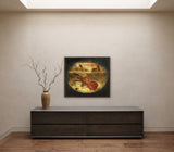 Symphony for Unity by Frantisek Strouhal: a red violin, bow and open book below domed buildings on the horizon, the 30 by 24 inch print in a dark oak floater frame, hanging above a smoked ash sideboard in a calm room, shown at its true size
