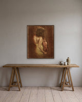Dancing with the Violin by Frantisek Strouhal: bare back of a curly haired woman holding a violin, warm red brown, the 24 by 30 inch print in a dark oak floater frame, hanging above a elm console in a calm room, shown at its true size