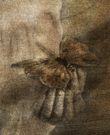A close view of the lower right of the same print, where the separate marks of the inks and the weave of the canvas can be seen.