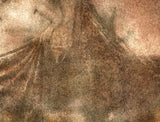 A close view of the lower right of the same print, where the separate marks of the inks and the weave of the canvas can be seen.