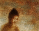 A close view of the upper right of the same print, where the separate marks of the inks and the weave of the canvas can be seen.