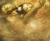 A close view of the lower left of the same print, where the separate marks of the inks and the weave of the canvas can be seen.