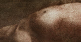 A close view of the upper left of the same print, where the separate marks of the inks and the weave of the canvas can be seen.