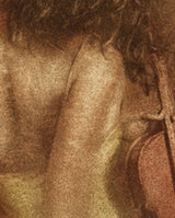 A close view of the middle of the same print, where the separate marks of the inks and the weave of the canvas can be seen.