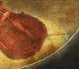A close view of the lower right of the same print, where the separate marks of the inks and the weave of the canvas can be seen.