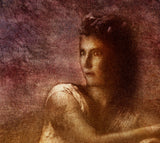 A close view of the upper right of the same print, where the separate marks of the inks and the weave of the canvas can be seen.