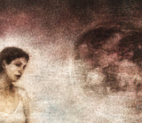 A close view of the most worked part of the same print, where the separate marks of the inks and the weave of the canvas can be seen.