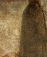 A close view of the most worked part of the same print, where the separate marks of the inks and the weave of the canvas can be seen.