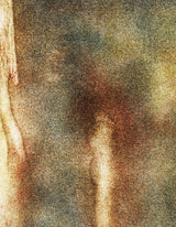 A close view of the upper left of the same print, where the separate marks of the inks and the weave of the canvas can be seen.