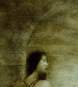 A close view of the upper left of the same print, where the separate marks of the inks and the weave of the canvas can be seen.