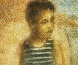 A close view of the upper left of the same print, where the separate marks of the inks and the weave of the canvas can be seen.