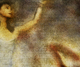 A close view of the upper right of the same print, where the separate marks of the inks and the weave of the canvas can be seen.