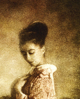 A close view of the upper right of the same print, where the separate marks of the inks and the weave of the canvas can be seen.