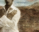 A close view of the middle of the same print, where the separate marks of the inks and the weave of the canvas can be seen.