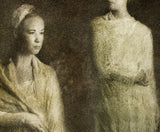 A close view of the upper right of the same print, where the separate marks of the inks and the weave of the canvas can be seen.