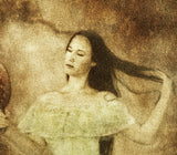 A close view of the most worked part of the same print, where the separate marks of the inks and the weave of the canvas can be seen.