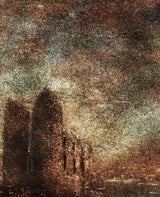 A close view of the upper right of the same print, where the separate marks of the inks and the weave of the canvas can be seen.