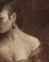 A close view of the most worked part of the same print, where the separate marks of the inks and the weave of the canvas can be seen.