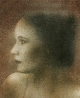A close view of the most worked part of the same print, where the separate marks of the inks and the weave of the canvas can be seen.