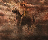 A close view of the lower right of the same print, where the separate marks of the inks and the weave of the canvas can be seen.
