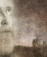 A close view of the upper right of the same print, where the separate marks of the inks and the weave of the canvas can be seen.