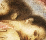 A close view of the most worked part of the same print, where the separate marks of the inks and the weave of the canvas can be seen.