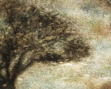 A close view of the upper right of the same print, where the separate marks of the inks and the weave of the canvas can be seen.