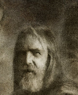 A close view of the most worked part of the same print, where the separate marks of the inks and the weave of the canvas can be seen.