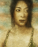 A close view of one part of the same print, where the separate marks of the inks and the weave of the canvas can be seen.
