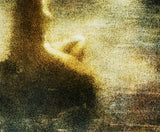 A close view of the lower right of the same print, where the separate marks of the inks and the weave of the canvas can be seen.