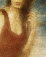 A close view of the middle of the same print, where the separate marks of the inks and the weave of the canvas can be seen.