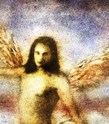 A close view of the most worked part of the same print, where the separate marks of the inks and the weave of the canvas can be seen.