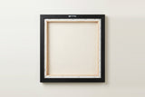 The back of the framed canvas: the canvas stretched over light wooden bars and stapled around the inner edge, one sawtooth hanger fitted to the top bar, and no bracing across the middle. The frame edge is black painted.