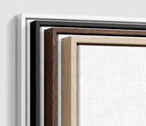 The four frames it comes in, nested one inside another so the wood and the profile of each can be seen: white on the outside, then black, then dark oak, then oak. Each holds a blank canvas, with the shadow gap that runs between the canvas and the wood.
