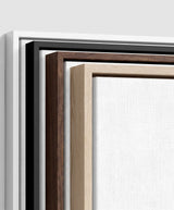 The four frames it comes in, nested one inside another so the wood and the profile of each can be seen: white on the outside, then black, then dark oak, then oak. Each holds a blank canvas, with the shadow gap that runs between the canvas and the wood.