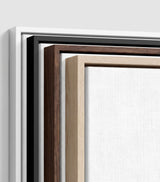 The four frames it comes in, nested one inside another so the wood and the profile of each can be seen: white on the outside, then black, then dark oak, then oak. Each holds a blank canvas, with the shadow gap that runs between the canvas and the wood.