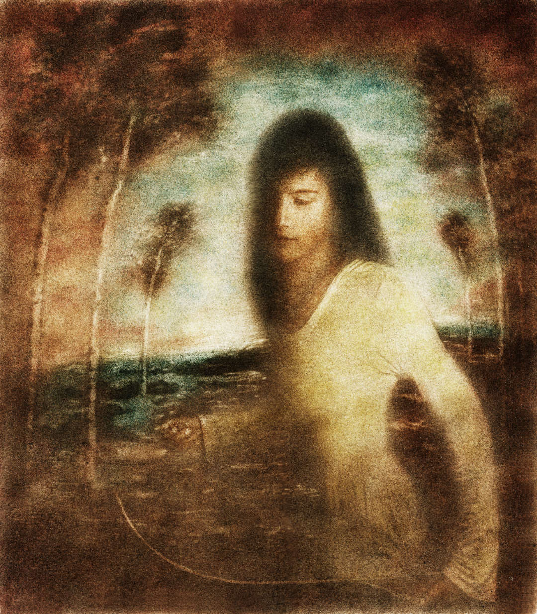 Return to the Origin: a woman with long dark hair in a pale dress, head bowed, before a sea shore and slender trees, by Frantisek Strouhal