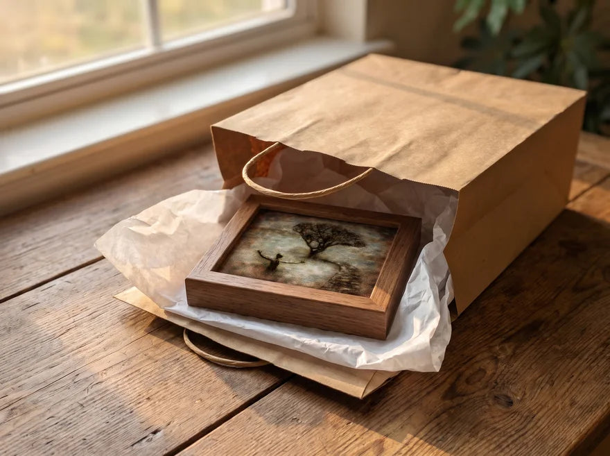 A small framed print wrapped in tissue inside a paper gift bag