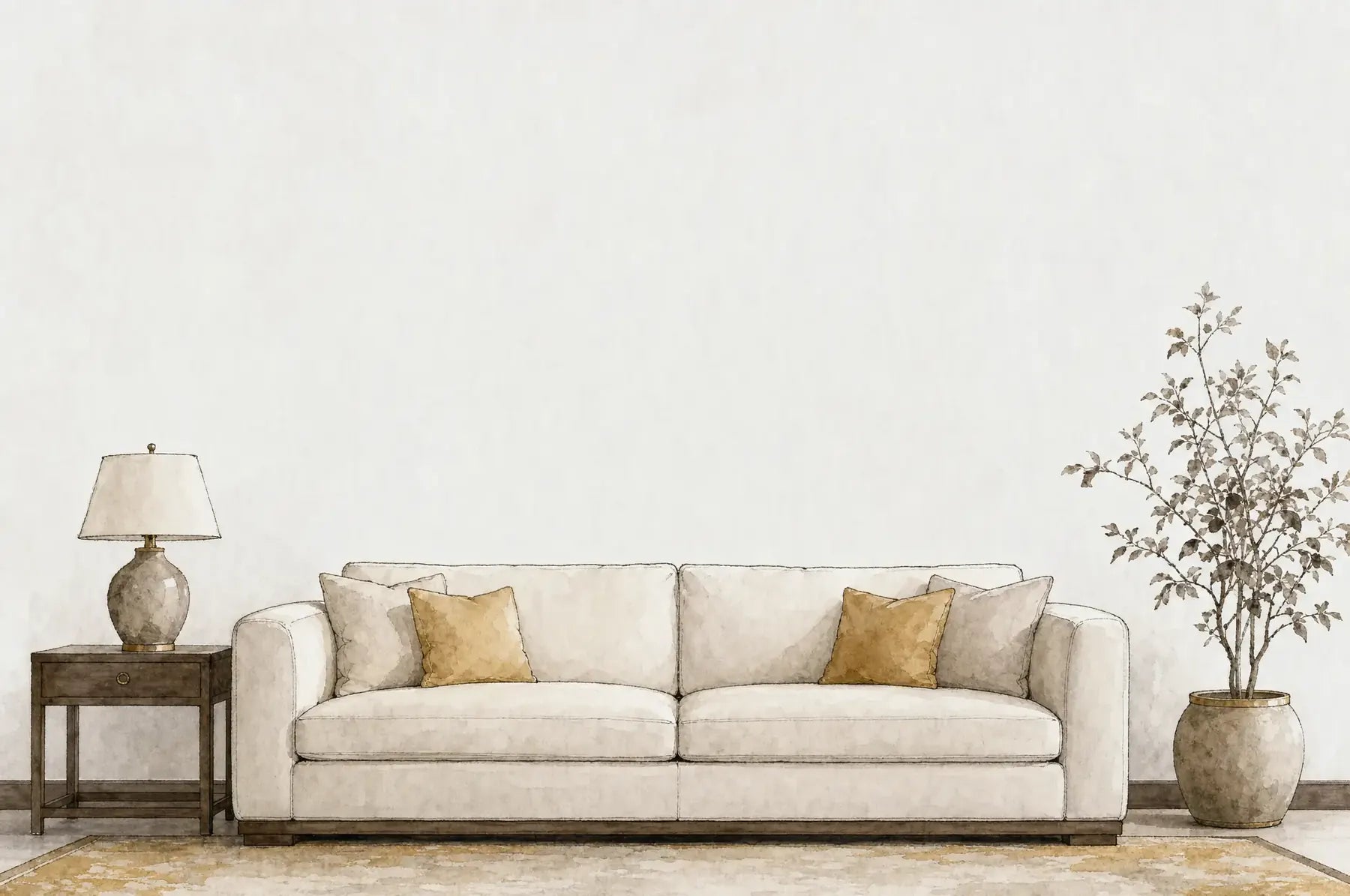A drawn sitting room: a two-metre sofa against a bare wall, a lamp on a side table, a plant beside it
