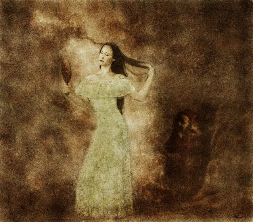 Self Introspection: a woman gazes into a small hand mirror while a child lingers in the shadows behind her, in warm layered inks