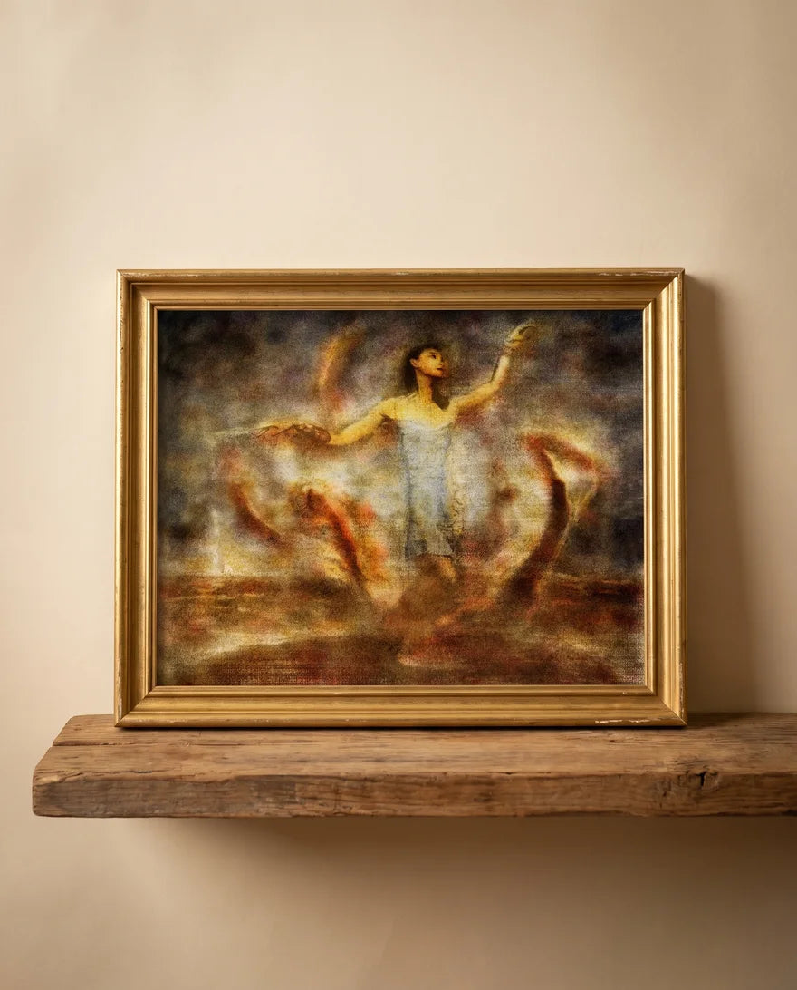 Inherent Grace in a worn gilded frame resting on a wooden shelf