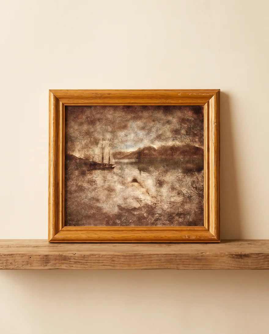Immersed in the Twilight in an oak frame resting on a wooden shelf