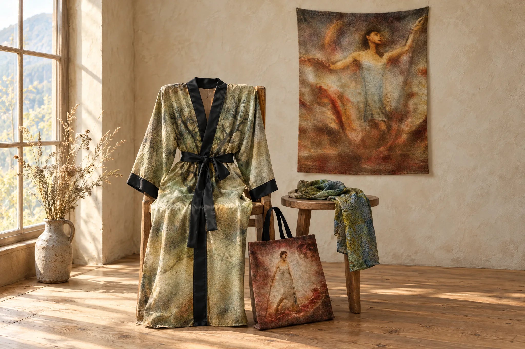 A sunlit studio: a satin kimono printed with The Tree of Life on a wooden chair, the Inherent Grace tapestry on the wall, a Kokanee Park scarf on a side table and a Soul Journey tote bag